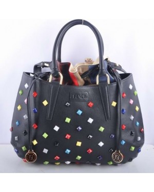 Fendi B Fab Black Leather with Multicolor Jeweled Large Top-handle Bag