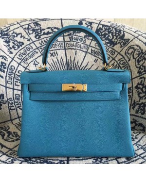 Hermes Kelly 28cm Bag Togo Leather Blue Gold